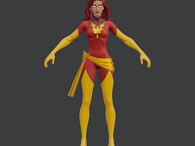 Red Haired Female Superhero Game And Movie Character In Red Yellow Costume With Chest Logo 3d model