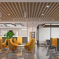 Modern Reception Desk Area with Marble Walls Glass Doors Blue Lighting and Open Office Interior
