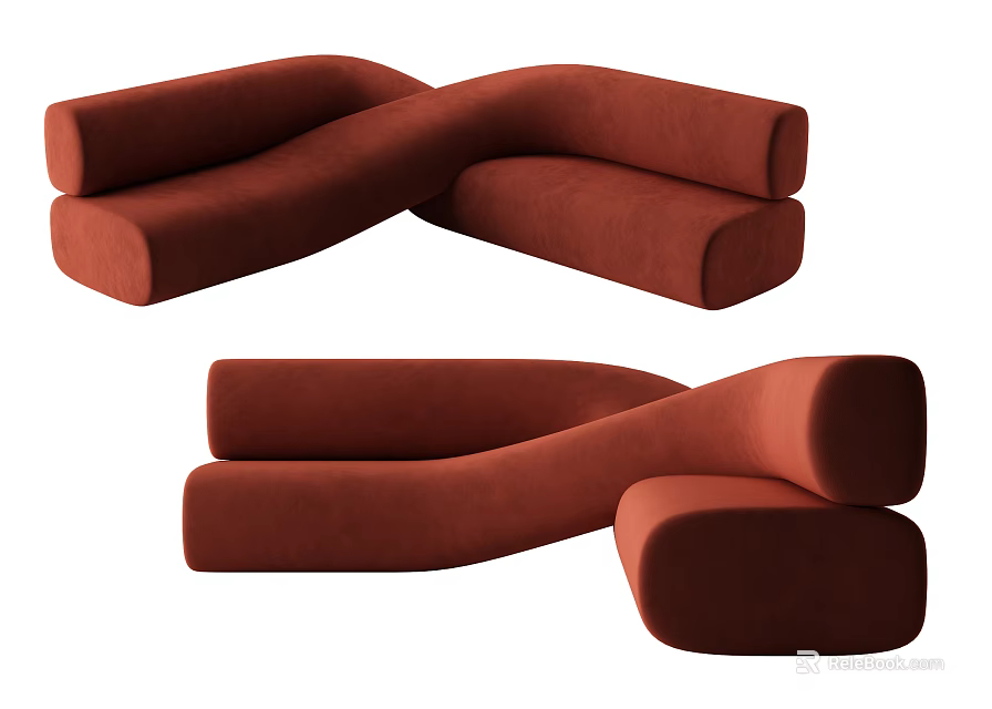 Contemporary Asymmetrical Sofa In Red Velvet With Twisted Curved Design For Living Room 3d model 