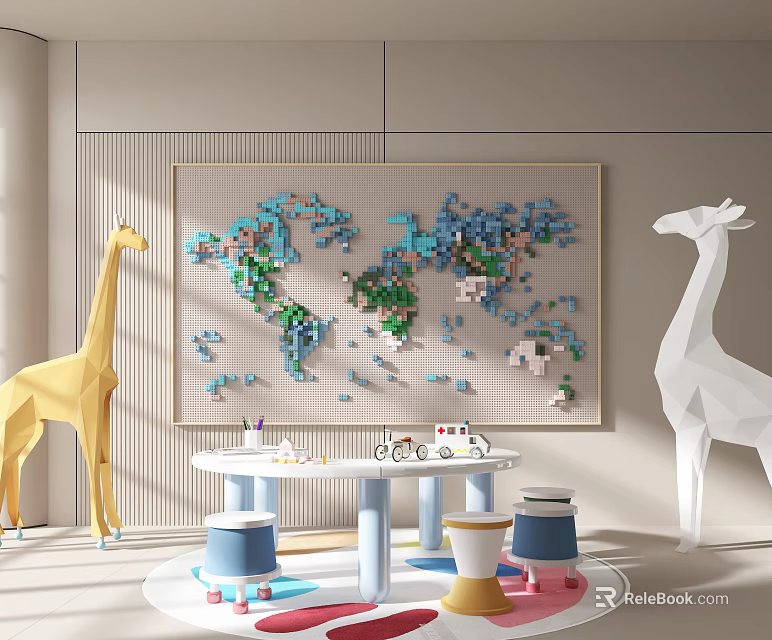 Kids Room Wall Featuring Building Blocks World Map Giraffe Toys and Decorative Elements 3d model 
