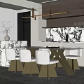 Elegant Modern Restaurant Open Kitchen With Marble Countertop Golden Chairs Glass Dining Table Pendant Lights