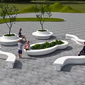 White Curved Landscape Seats In Outdoor Park With Circular Planters And Greenery