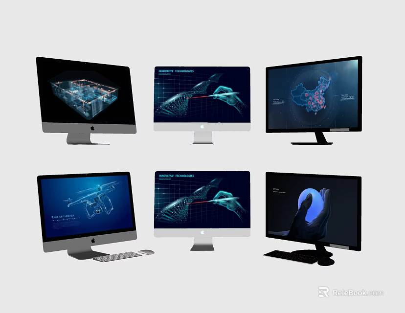 Modern Computer Monitors Displaying Data Visualization Graphs And Maps 3d model 