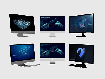 Modern Computer Monitors Displaying Data Visualization Graphs And Maps 3d model