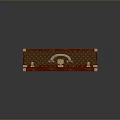 Vintage Style Suitcase With Red Trim Brown Patterned Surface And Wooden Handle