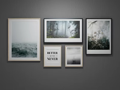 Framed Landscape Paintings With Ocean Waves Misty Forest And Green Plants 3d model