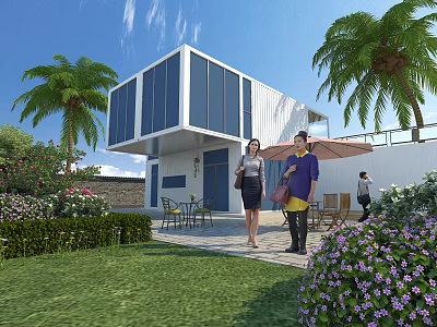 Modern Garden Landscape With Palm Trees Lawn Purple Flowers Outdoor Seating And People Walking 3d model
