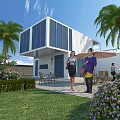 Modern Garden Landscape With Palm Trees Lawn Purple Flowers Outdoor Seating And People Walking