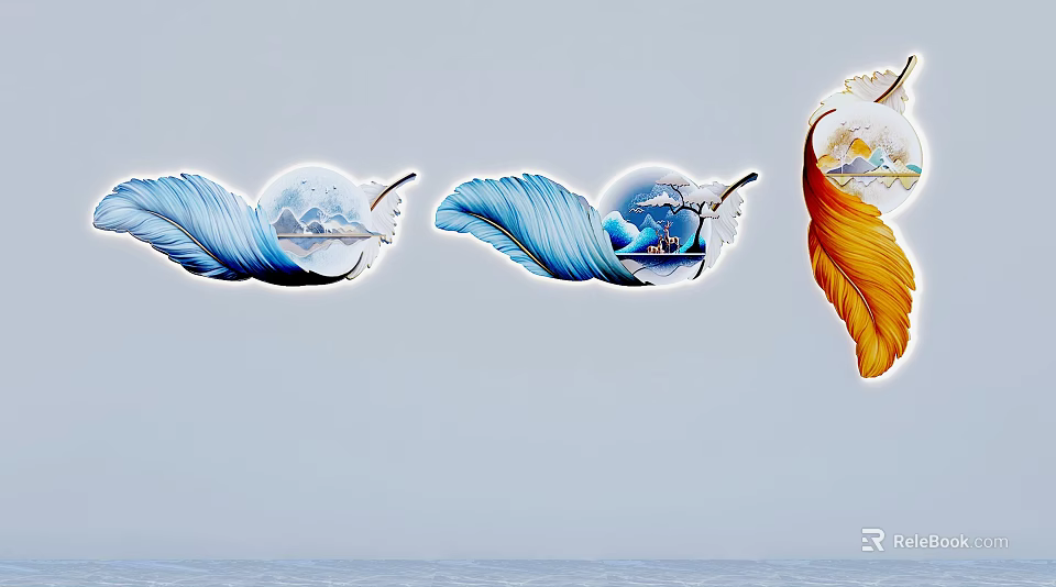 Feather Shaped Wall Decor With Blue Orange Hues And Circular Scenic Patterns 3d model 