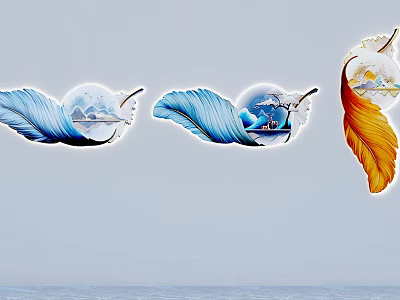 Feather Shaped Wall Decor With Blue Orange Hues And Circular Scenic Patterns 3d model