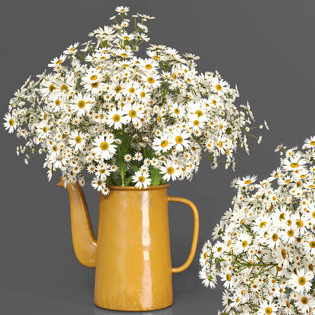 Yellow Kettle Vase With Fresh White Daisies On Gray Background 3d model 