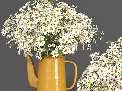Yellow Kettle Vase With Fresh White Daisies On Gray Background 3d model