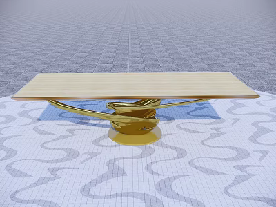 Modern Dining Table With Light Wood Top And Golden Spiral Base On Patterned Floor 3d model
