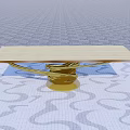 Modern Dining Table With Light Wood Top And Golden Spiral Base On Patterned Floor