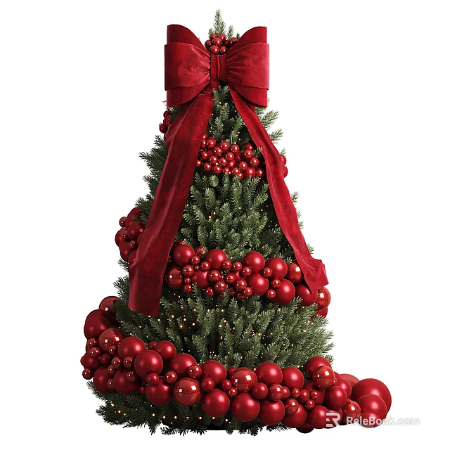 Christmas Tree Decorative Ornament Set With Red Bow Berries And Balls 3d model 
