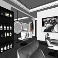 Modern Hair Salon Interior With Stylish Chairs Round Mirrors And Product Shelves