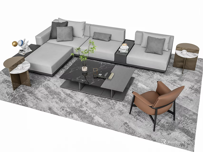 Modern Grey Sofa and Coffee Table Combination with Marble Top Accent Chair and Rug 3d model 