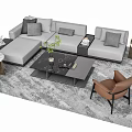 Modern Grey Sofa and Coffee Table Combination with Marble Top Accent Chair and Rug