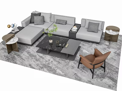Modern Grey Sofa and Coffee Table Combination with Marble Top Accent Chair and Rug 3d model