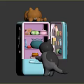 Blue refrigerator open door with items inside orange cat on top gray cat in front