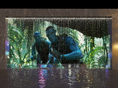 Tropical Rainforest Themed Waterfall Feature Wall With Human Silhouettes And Water Reflection 3d model