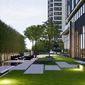 Modern Commercial Landscape With Glass Building Green Lawn Trees And Water Feature