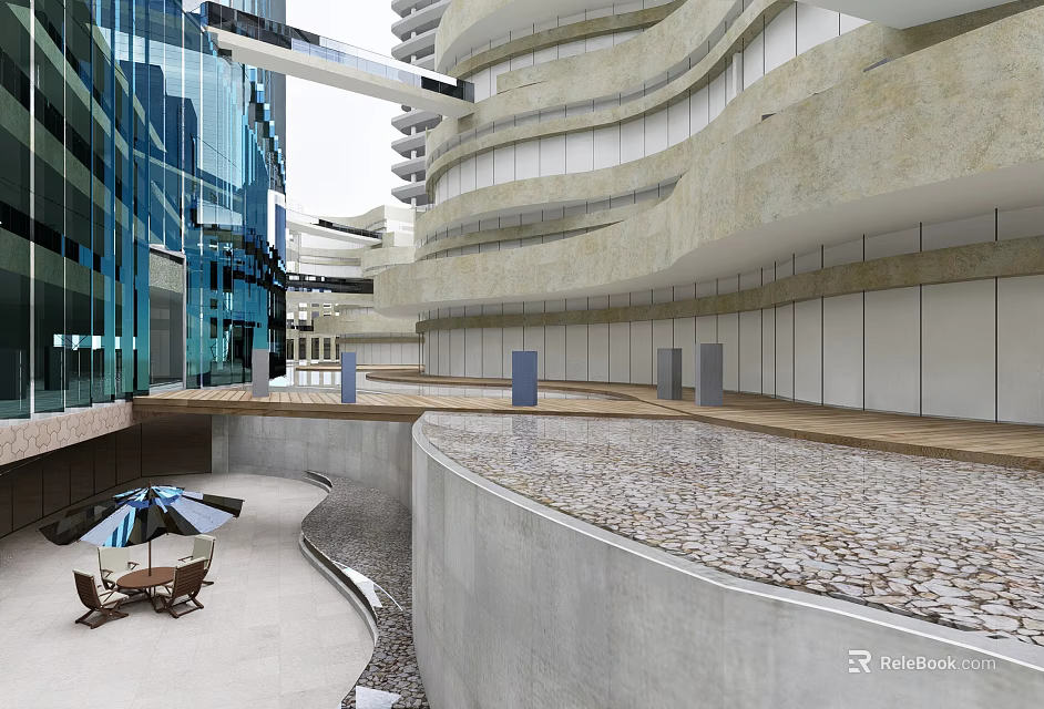 Modern Commercial Street With Curved Architecture Water Feature And Open Plaza 3d model 