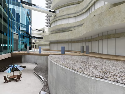 Modern Commercial Street With Curved Architecture Water Feature And Open Plaza 3d model