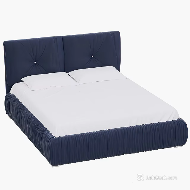 Navy Blue Upholstered Double Bed With Button Tufted Headboard And Ruffled Skirt 3d model 