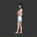 Woman Standing With Arms Crossed In Pink Top White Shorts And Sandals Against Gray Background 3d model