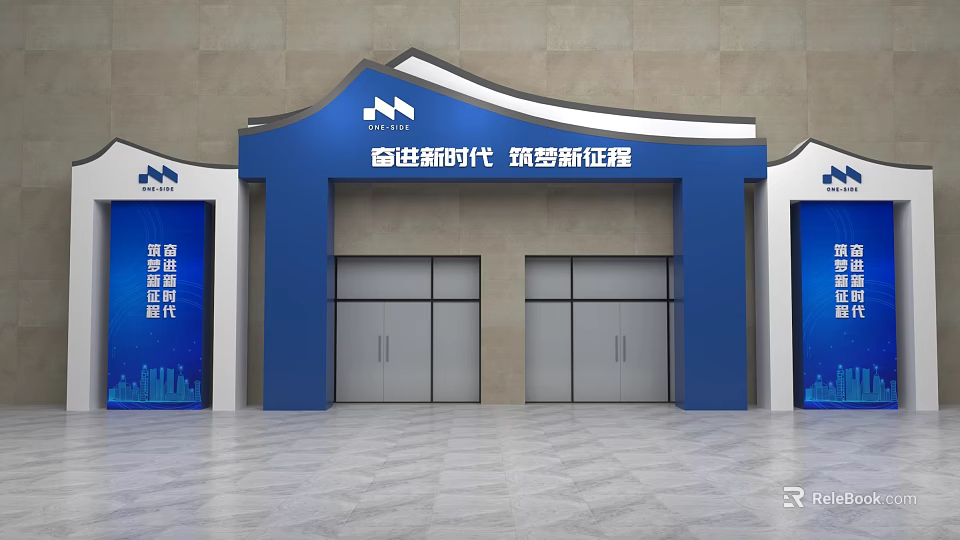 Modern Blue Event Gateway With Double Doors And Flanking Panels On Beige Wall 3d model 