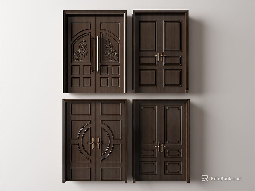 Wooden Double Doors With Intricate Carved Patterns And Panel Details 3d model 