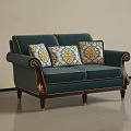 Classic Teal Two Seater Sofa Featuring Patterned Cushions And Gold Trim 3d model