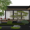 Traditional Modern Courtyard Garden Design With Trees Shrubs Water Feature And Outdoor Sofa