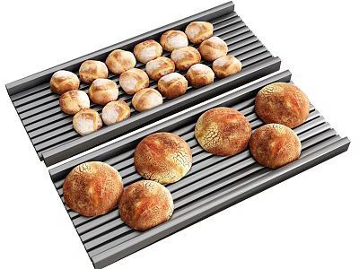 Fresh Round Bread Loaves on Metal Baking Grills with Golden Brown Crusts 3d model