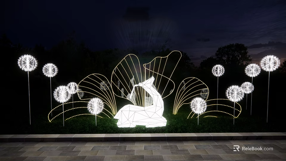 Outdoor Night Light Art Installation With Dandelion Shaped Lights And White Central Sculpture 3d model 