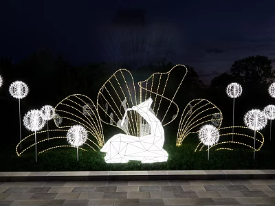Outdoor Night Light Art Installation With Dandelion Shaped Lights And White Central Sculpture 3d model