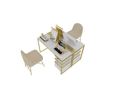 Elegant Modern Display Shelf With White Countertop Golden Frame And Storage Drawers 3d model