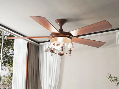 Stylish Indoor Air Conditioner Fan With Wooden Blades And Light Fixture In Living Room 3d model