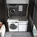 Home Balcony Interior With Washing Machine Sink White Cabinet Black Wall And Blinds