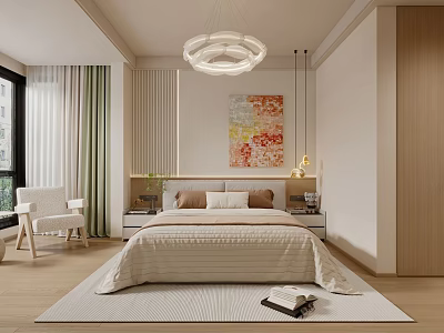 Modern Minimalist Bedroom Interior With Circular Pendant Light Colorful Painting And Wooden Floor 3d model