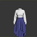 White High Neck Long Sleeve Top With Blue Layered Asymmetrical Hem Skirt