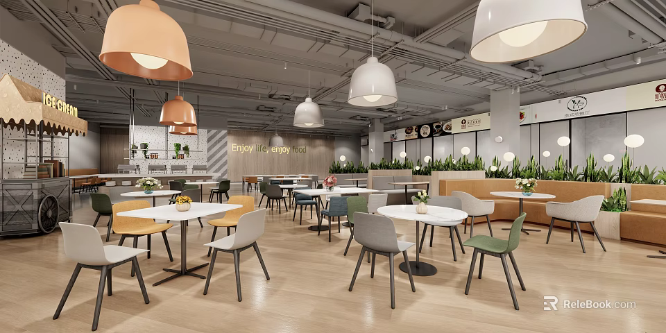 Modern Cafe Interior Design With Colorful Pendant Lights Dining Tables Chairs And Plants 3d model 