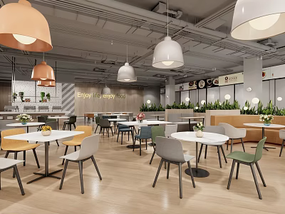 Modern Cafe Interior Design With Colorful Pendant Lights Dining Tables Chairs And Plants 3d model