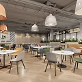 Modern Cafe Interior Design With Colorful Pendant Lights Dining Tables Chairs And Plants