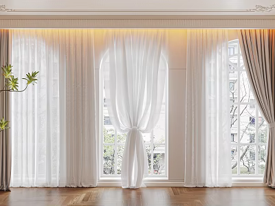 White Curtains For Arched Windows In Modern Interior With Wooden Floor And Plant 3d model