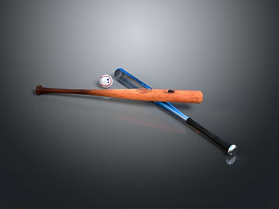 Baseball Sports Equipment With Wooden Bat Blue Bat And White Baseball 3d model
