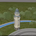 Cream Yellow Tower With Domed Top Spire Surrounded By Green Trees Grassland And Paved Pathway