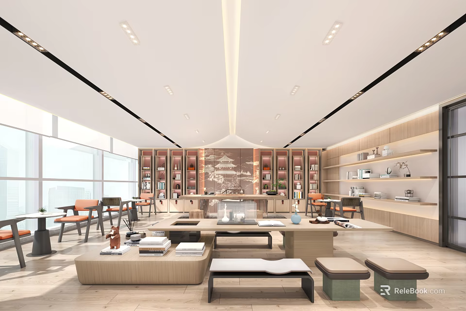 Modern Open Layout Casual Lounge Interior With Comfy Sofa Coffee Table Soft Lighting And Bookshelves 3d model 