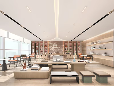 Modern Open Layout Casual Lounge Interior With Comfy Sofa Coffee Table Soft Lighting And Bookshelves 3d model